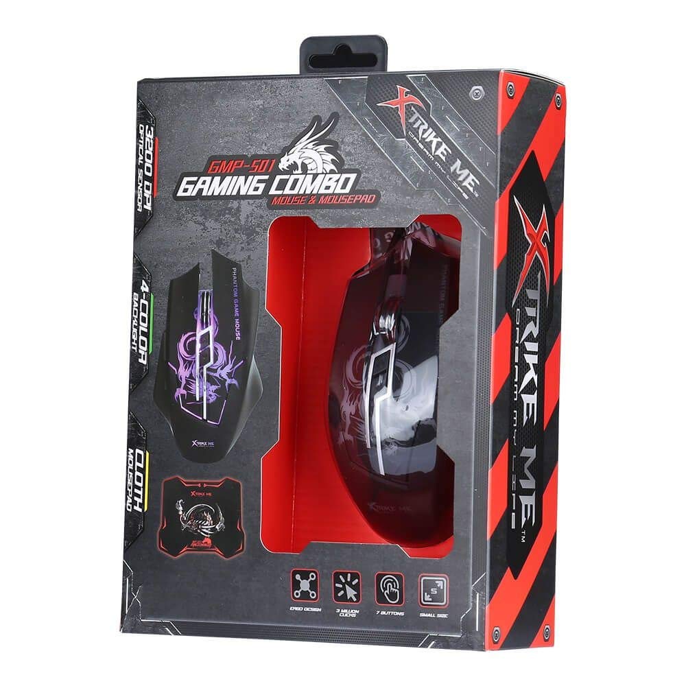 Xtrike Me GMP-501 gaming mouse and rolled-up gaming mat