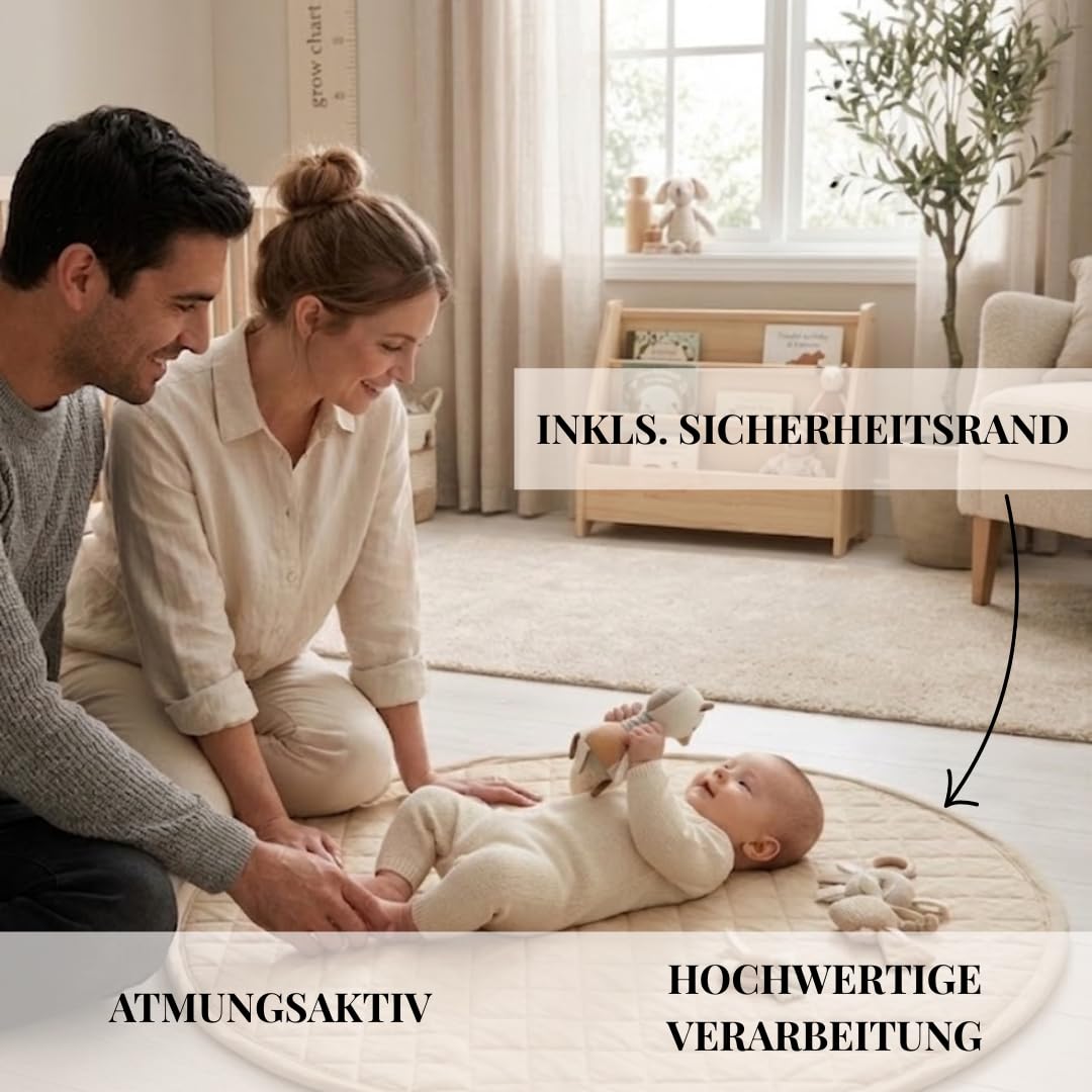 Krabbeldecke Baby rund 110 cm – Extra weich & dick gepolstert, waschbar, schadstofffrei, faltbar mit Tragegriff, Spieldecke für zuhause & unterwegs