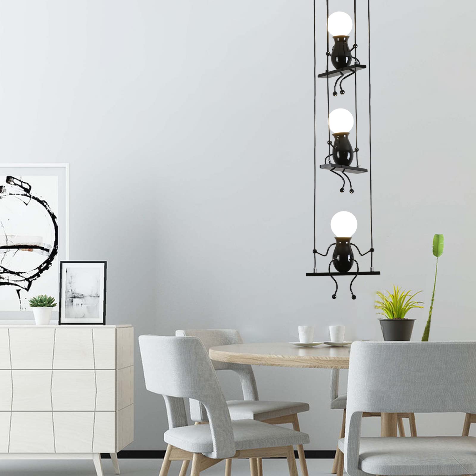 Lampada Sospensione Moderna Con Omini - Design Creativo In Ferro, Luce Regolabile, Per Sala Da Pranzo O Camera - E27, Vernice Forno, Nero - Foto 8