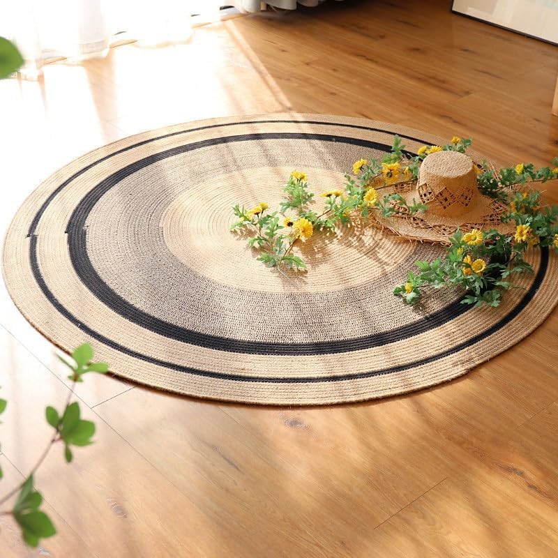 Image of Cotton Round Carpet 4x4 feet - Handmade Braided Boho Rug for Living Room, Bedroom & Balcony - Soft Washable Floor Mat, Color -Beige Black