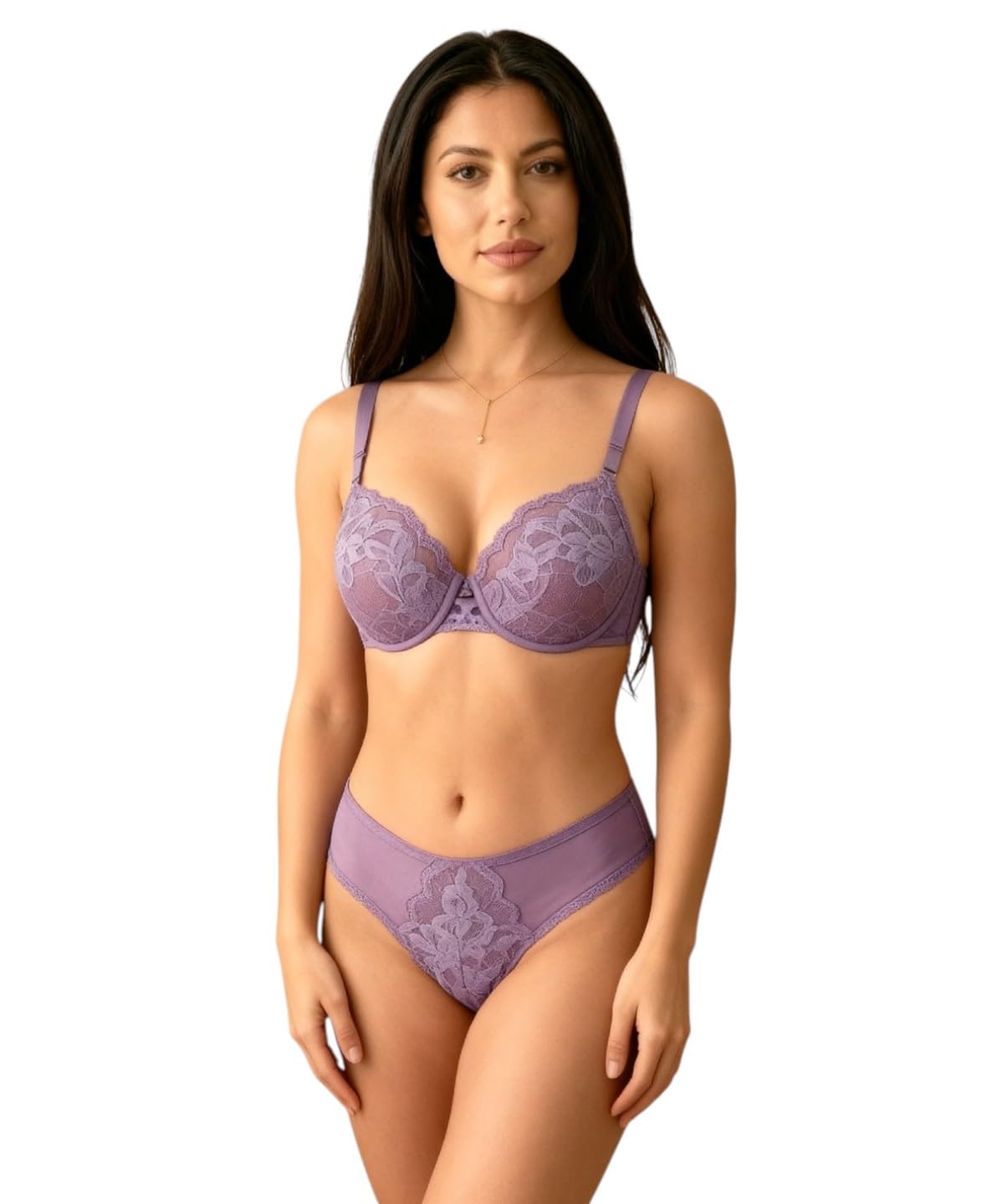 luxzii - a touch of luxury Women's Elegant 2-Piece Lingerie Set | Floral Lace Underwired Push-Up Bra & Matching High-Cut Panty | Lavender Purple Intimate Apparel Set-picture-19