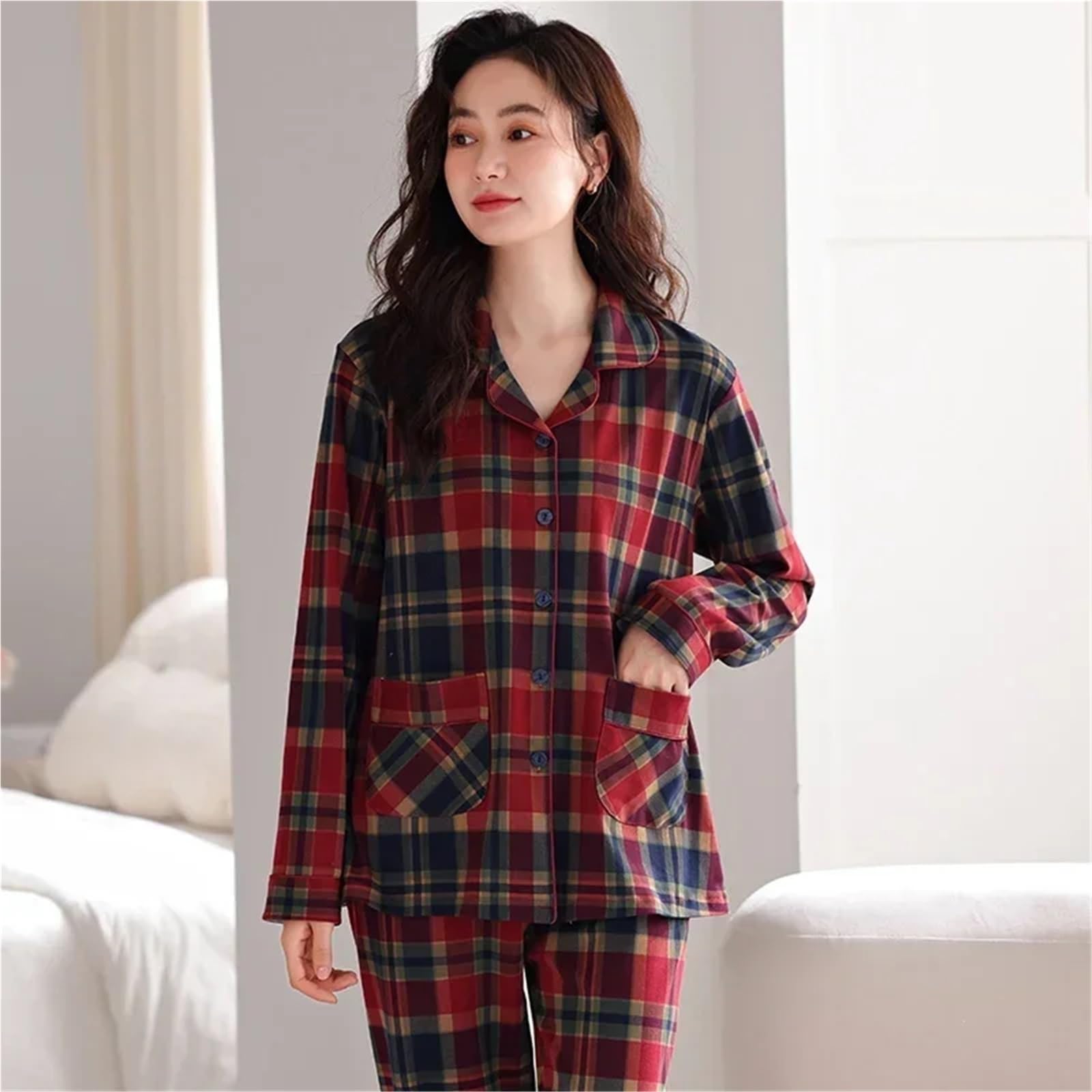 2024 Autumn Plus Size Long Sleeve Casual Plaid Cotton Pajama Sets for Women – Korean Loose Sleepwear Homewear Clothes(2611,XXXL)