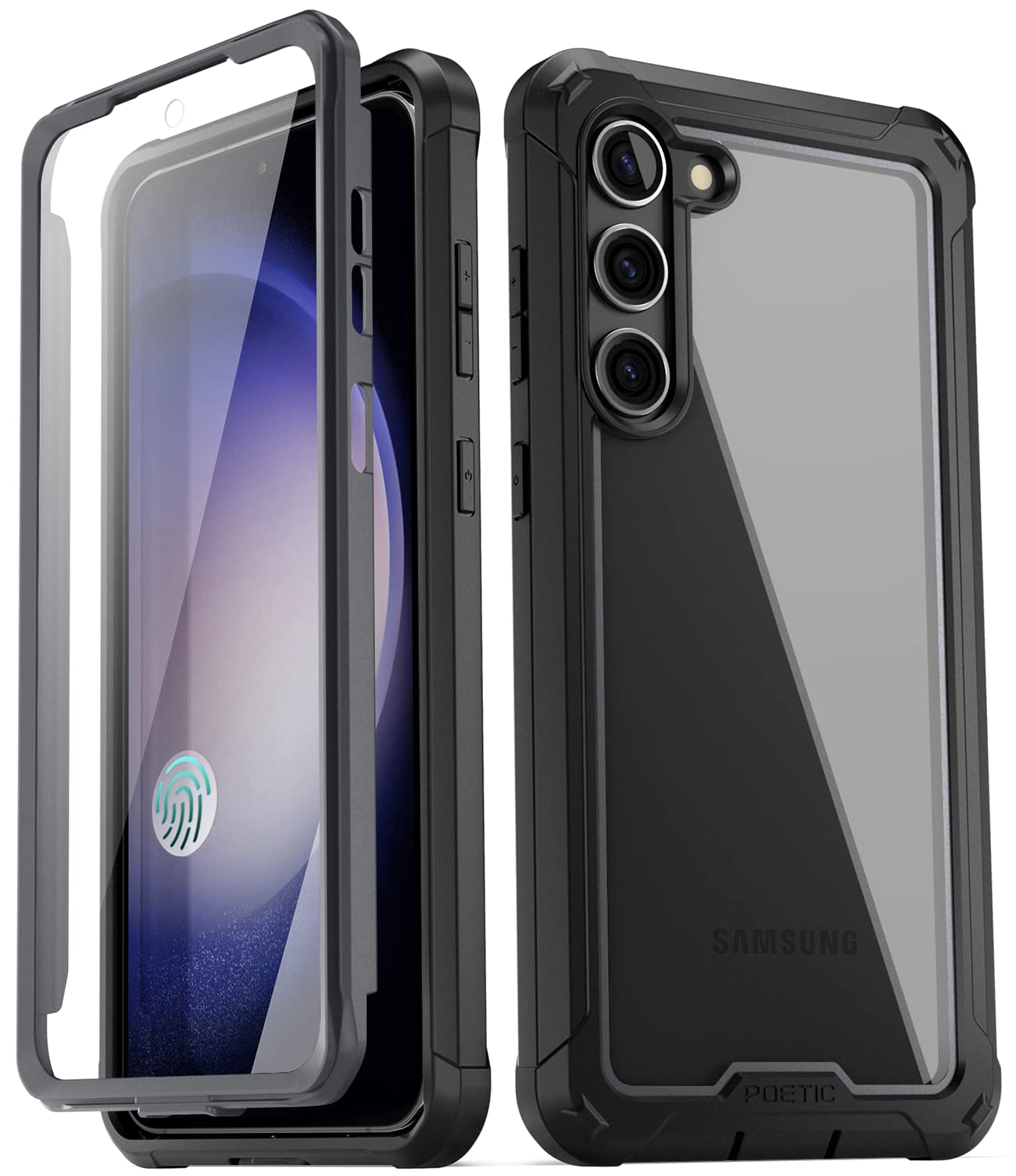 PoeticGuardian Case Compatible with Galaxy S23 5G 6.2 inch, Built-in Screen Protector Work with Fingerprint ID, Full Body Hybrid Shockproof Protective Rugged Clear Bumper Cover Case, Black/Clear