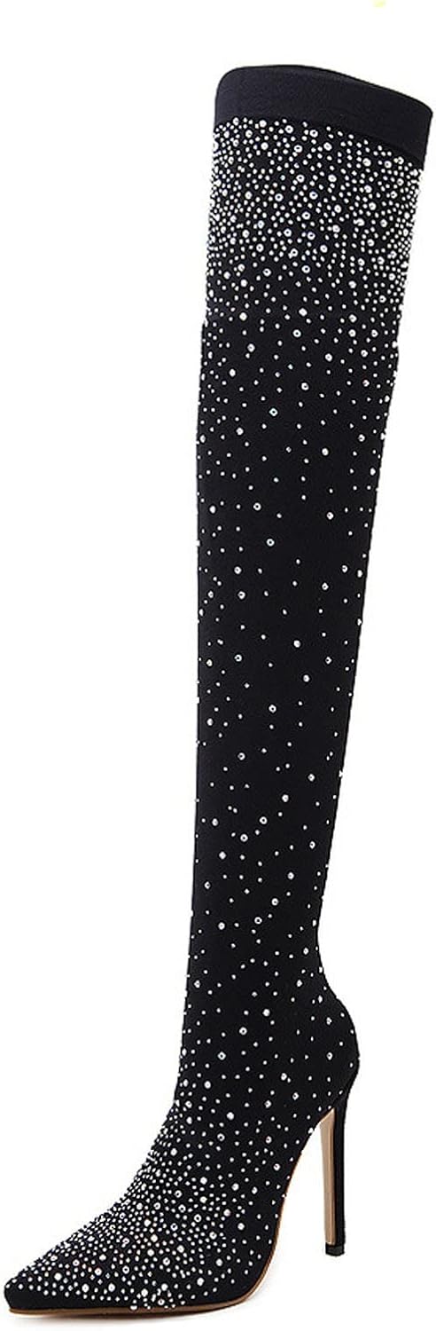 Rhinestone Thigh High Boots for Women Over The Knee Stiletto Heel Dress Boot Sexy Stretchy Long Boots