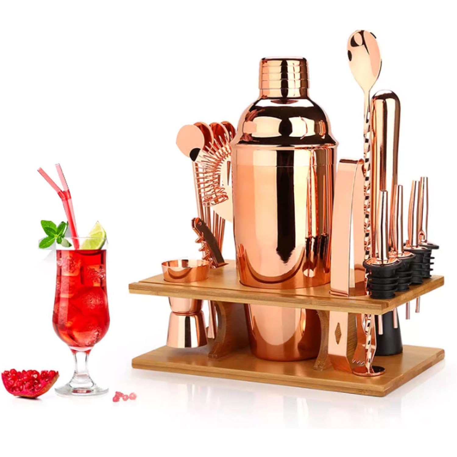 Juego De Copas De Cóctel De Acero Inoxidable, Juego De Coctelera De 16 Piezas, Juego De Coctelera Con Base De Almacenamiento De Bambú, Resistencia a Altas Temperaturas Para Los Amantes De Los Cócteles