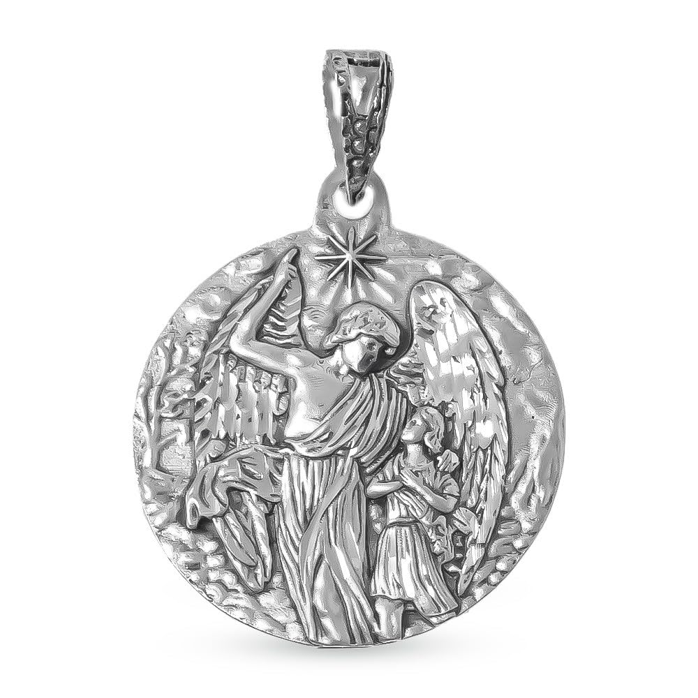 Ángel de la Guarda Medalla en Plata de Ley 925m maciza de 25mm. en relieve trasera detalle