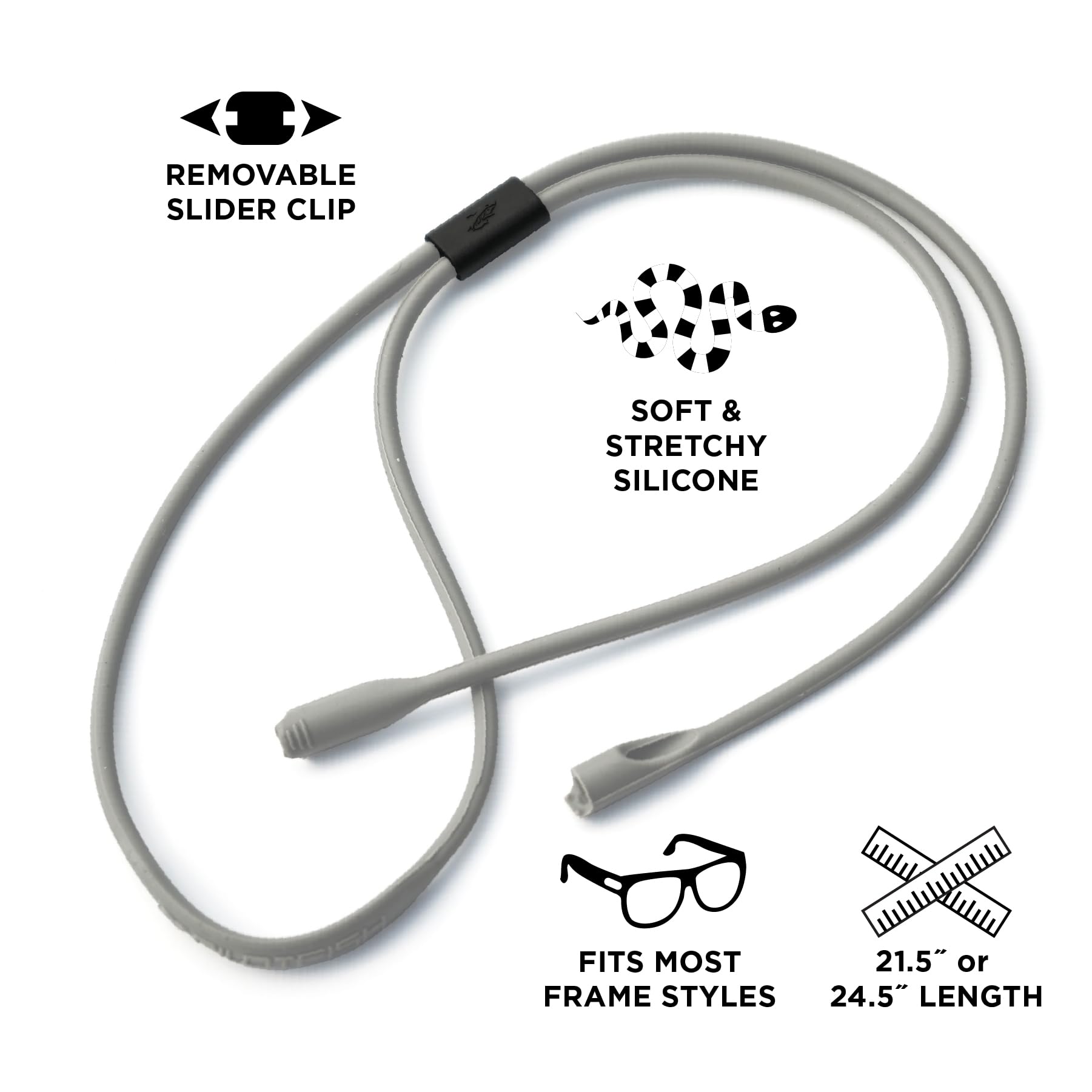 Pilotfish Correa de silicona para gafas de sol de alta calidad, retenedor ajustable para gafas con diseño único de paso – Ajuste universal, Gris, 24.5 Inches Long