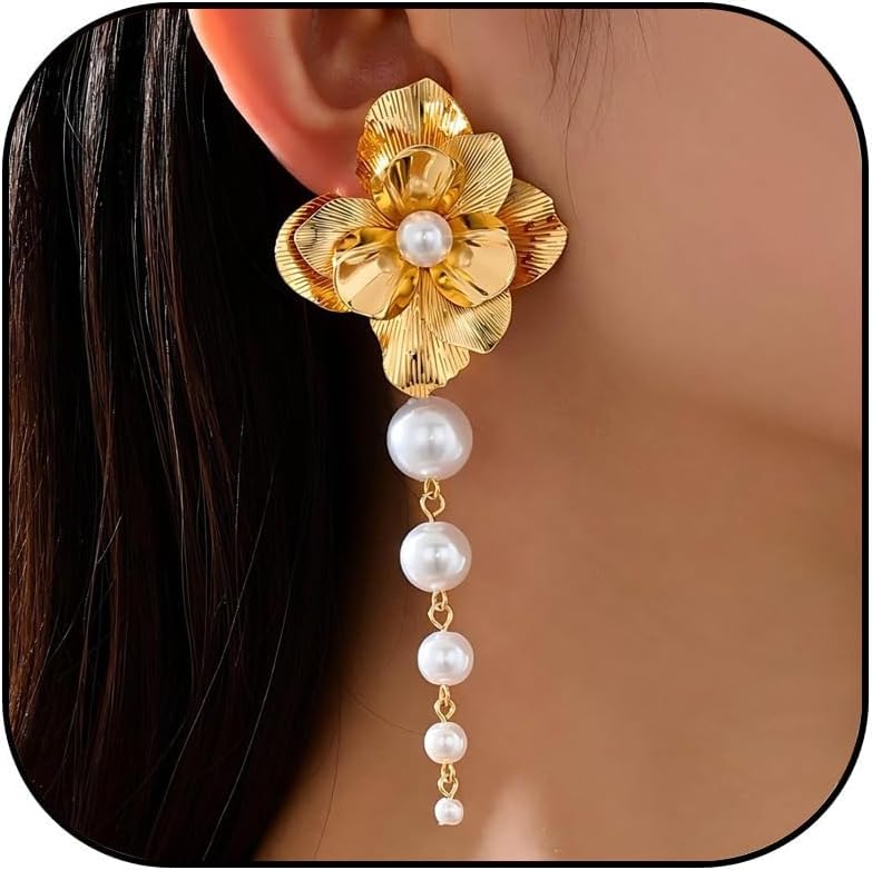 Chunky Gold Flower Pearl Statement Earrings for Women Fashion Elegant Gold Silver Big Pearl Leaf Formal Earrings Jewelry Gift For Women