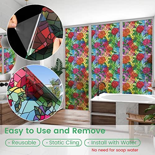 Dktie Window Privacy Film Static Cling Rose Window Sticker Bathroom Glass Window Decals Non Adhesive For Home Windows 17.7" X 78.7" #TOP4
