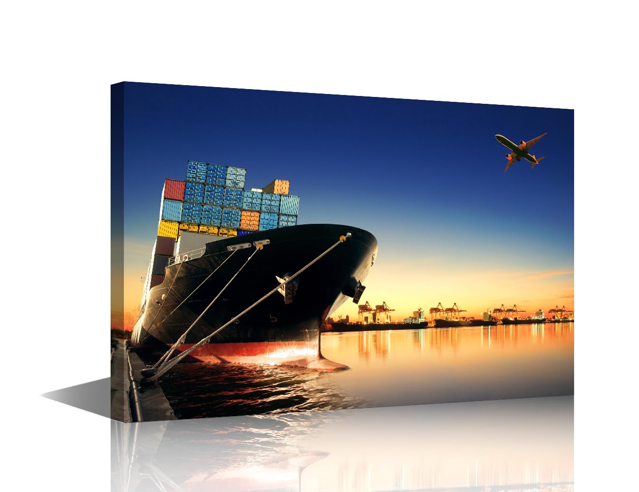 Framed Canvas Wall Art 1 Panels Container Ship in Import Export Port Against Beautiful Morning Pictures Print On Canvas for Bedroom Living Room Wall Decoration, Ready to Hang, 36" Wx24 H