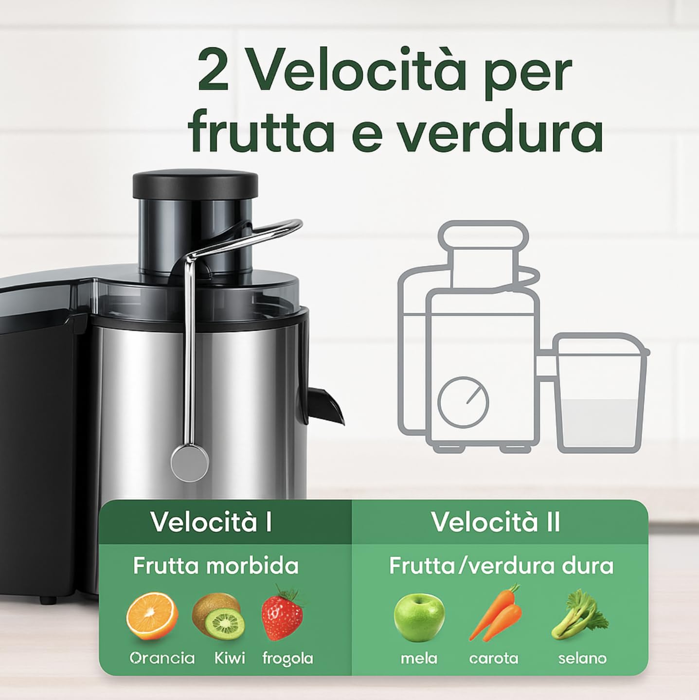 Centrifuga Frutta e Verdura 700W 1,5L – Estrattore Succo con 2 Velocità, Filtro in Acciaio Inox, Bocca Larga 65mm, Separatore di Schiuma, Facile da Pulire, Juicer Compatto da Cucina