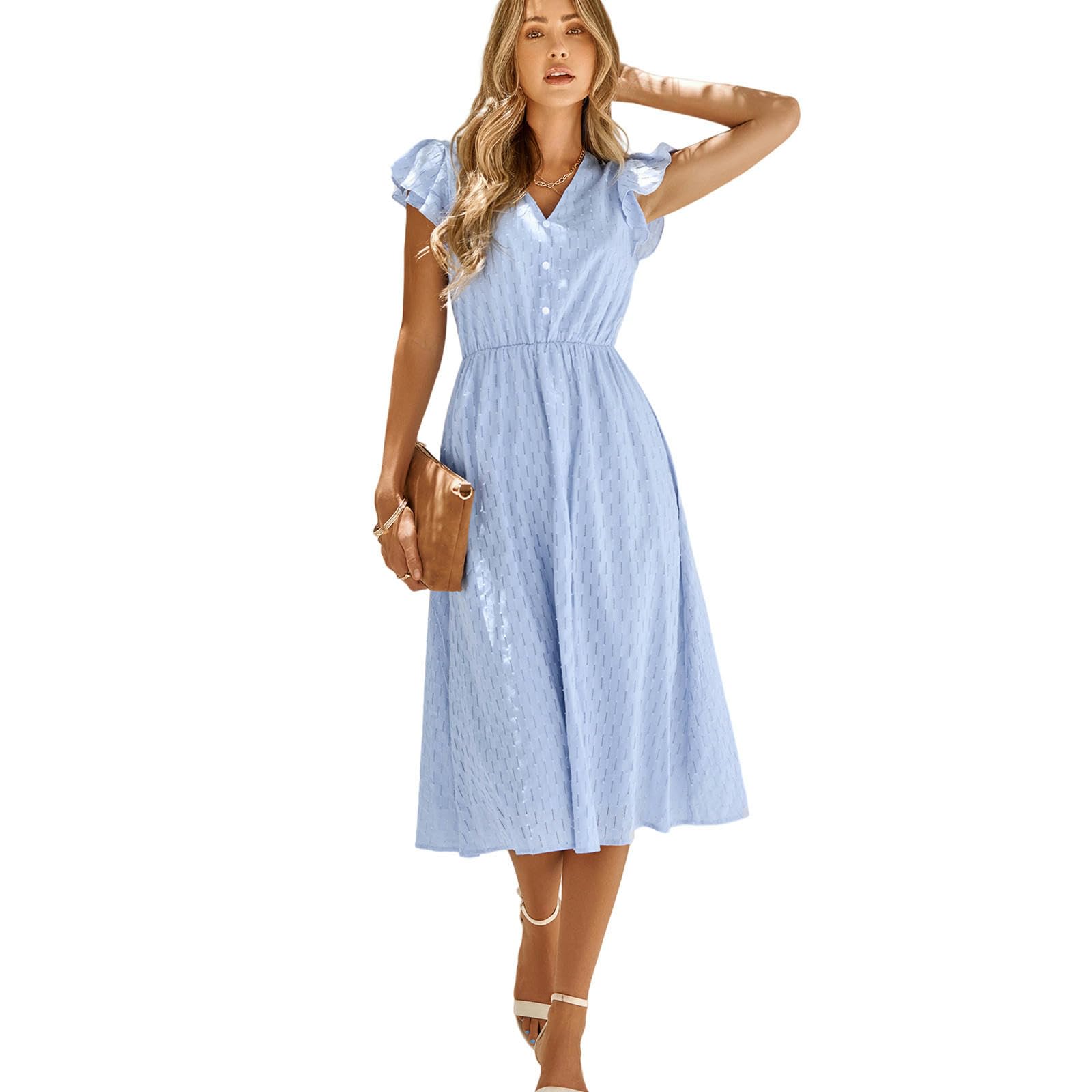 Vestito Lungo Donna Vestito Estivo Casual da Donna con Scollo A V E Maniche A Balze - Mini Abito Largo per Spiaggia, Vacanze E Uso Quotidiano - Stile Fresco E di Colore Puro-Blu-XL