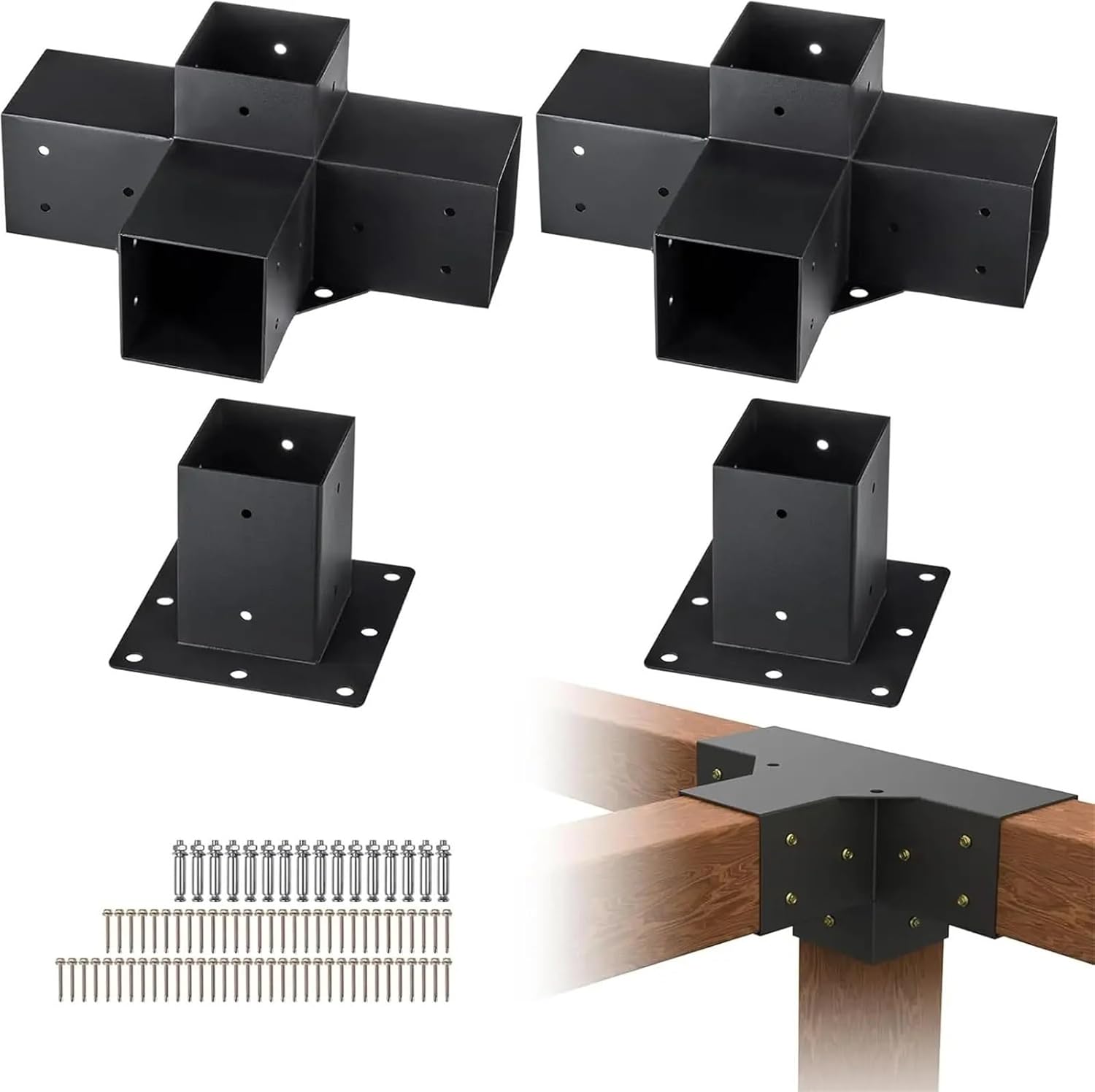 Pergola Bracket Kit 4''x4'', 4pcs (2pcs 4-Way,2pcs Base) Heavy Duty Corner Bracket Woodworks DIY Post Base Kit,Easy Installation