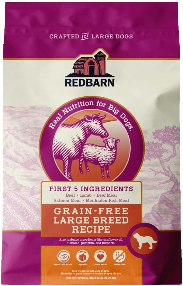 Redbarn Grain-Free Large Breed Dog Food Kibble - Beef & Lamb Recipe - Made in USA No Chicken Recipe with Functional Ingredients to Support Healthy Heart, Joints, Digestion, Skin & Coat - 15lb 15 Pound