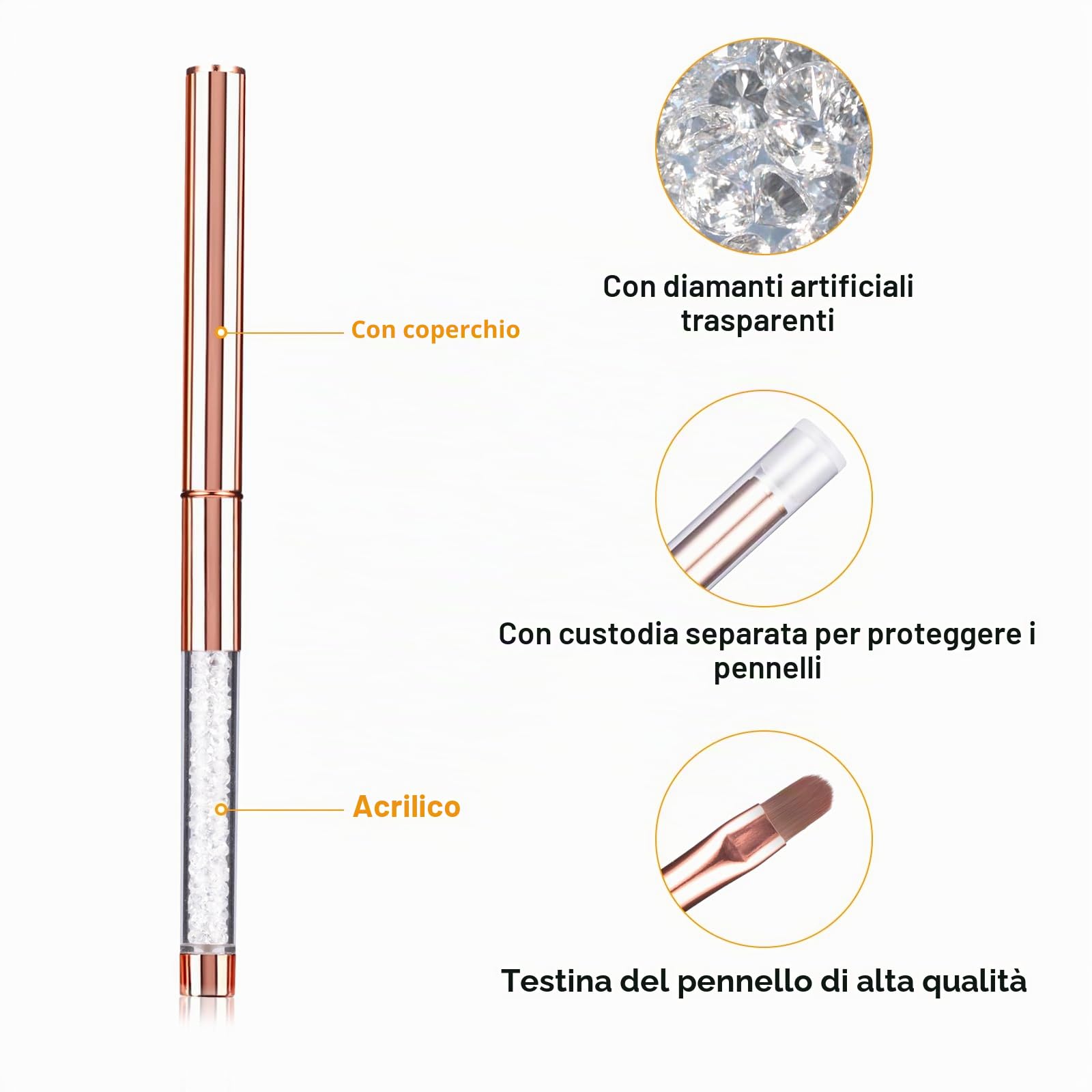 6 Pezzi Pennelli per Unghie, Penelli Unghie Professionali Set, con Manico con Strass e Setole in Nylon per principianti professionisti