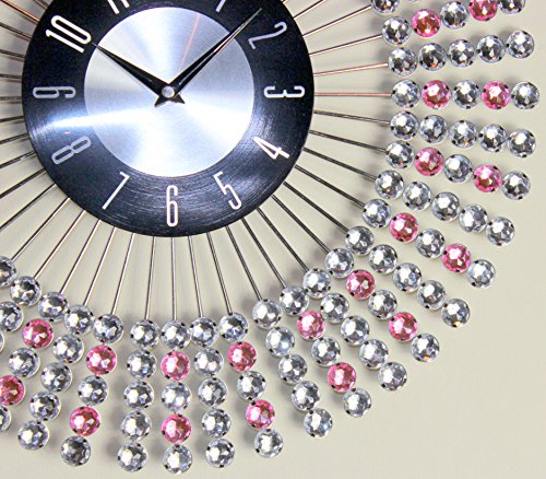 houseware online 43cm Clear Pink Diamante Beaded Jeweled Round Sunburst Metal Wall Clock 146