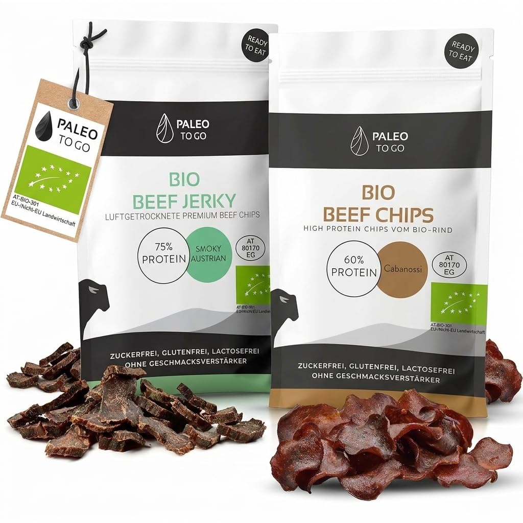 PALEO TO GO Bio Beef Snack Bundle, Beef Jerky und Beef Chips aus Bio Rindfleisch, High Protein Trockenfleisch, Low Carb Eiweiß Snack, Made in Austria, ohne Konservierungsstoffe