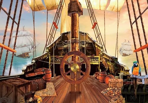 7x5ft Pirate Ship Deck Backdrop Realistic Wooden Rudder Treasure Chests Treasure Map Photography Background Ocean Sailing Ship Nautical Pirates Background Pirate Theme Party Decors Photo Props