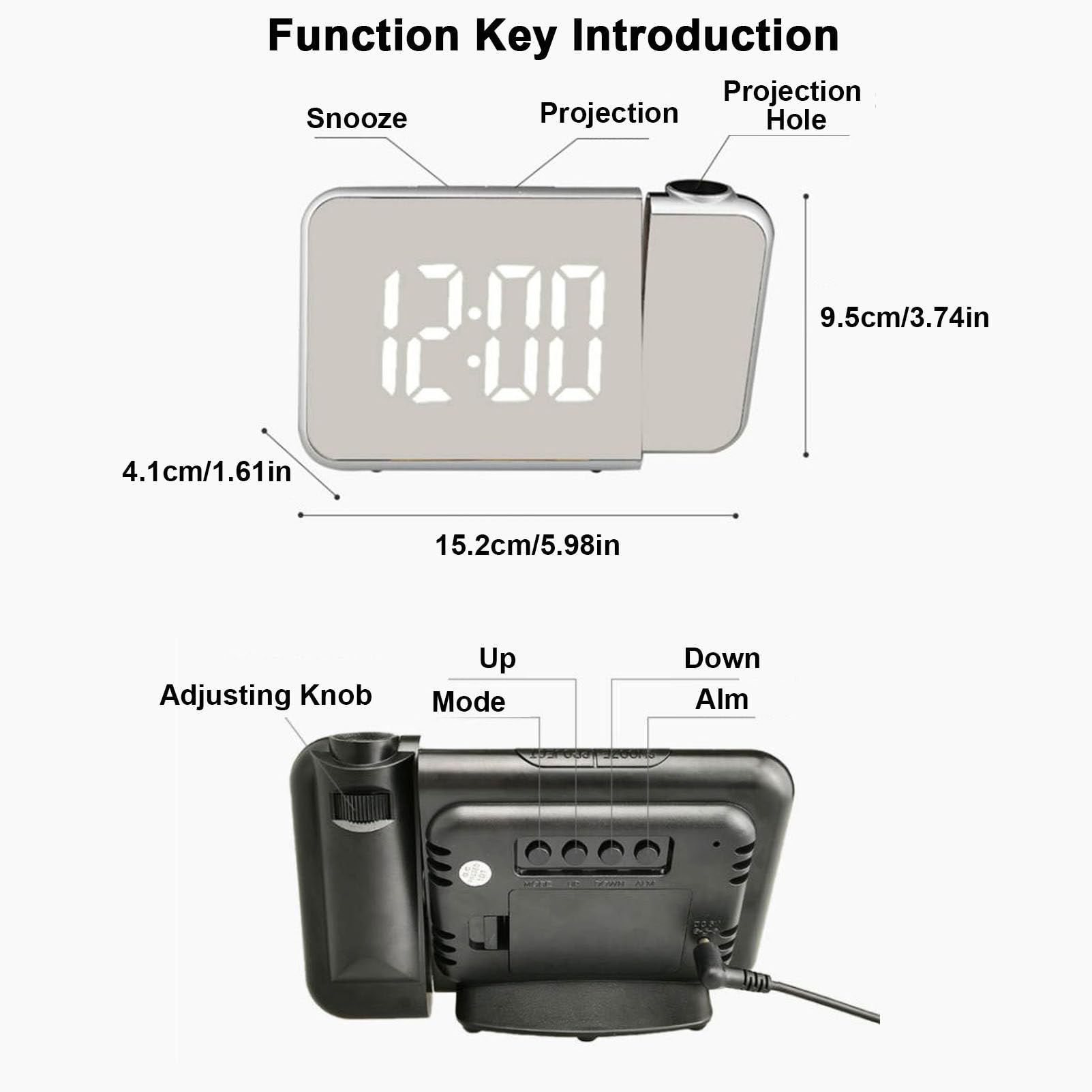 Reloj despertador digital de proyección con pantalla LED, temperatura, repetición, fecha, hora, brillo ajustable de 180°, reloj dual para dormitorio