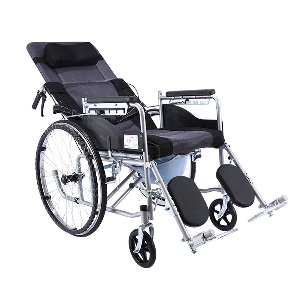 Silla de ruedas plegable liviana, reclinable ajustable en 6 posiciones, cómodo respaldo plegable con brazo y pata de elevación, freno de mano doble de acero con alto contenido de carb