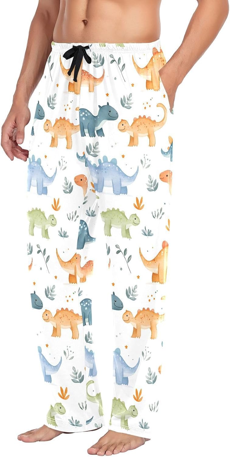 ALAZA Dinosaur Cartoon Dino Men's Pajama Pants Men Cotton Pajama Bottoms with Pockets, S