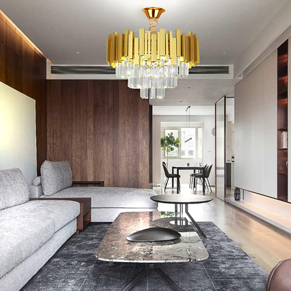 24inch Crystal Chandelier, Modern Gold Ceiling Lights Flush Mount Pendant Light Fixture for Bedroom Living Room Dining Indoor Lighting,Hanging Lamp Close to Ceiling Light,Included Bulb