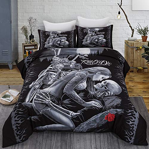 Skull Duvet Cover Queen 3D Printed Bedding Duvet Cover with Zipper Closure for Adults, 3 Pieces(1 Duvet Cover +2 Pillowcases) Soft Microfiber Lovers Bedding Set 90"x 90"