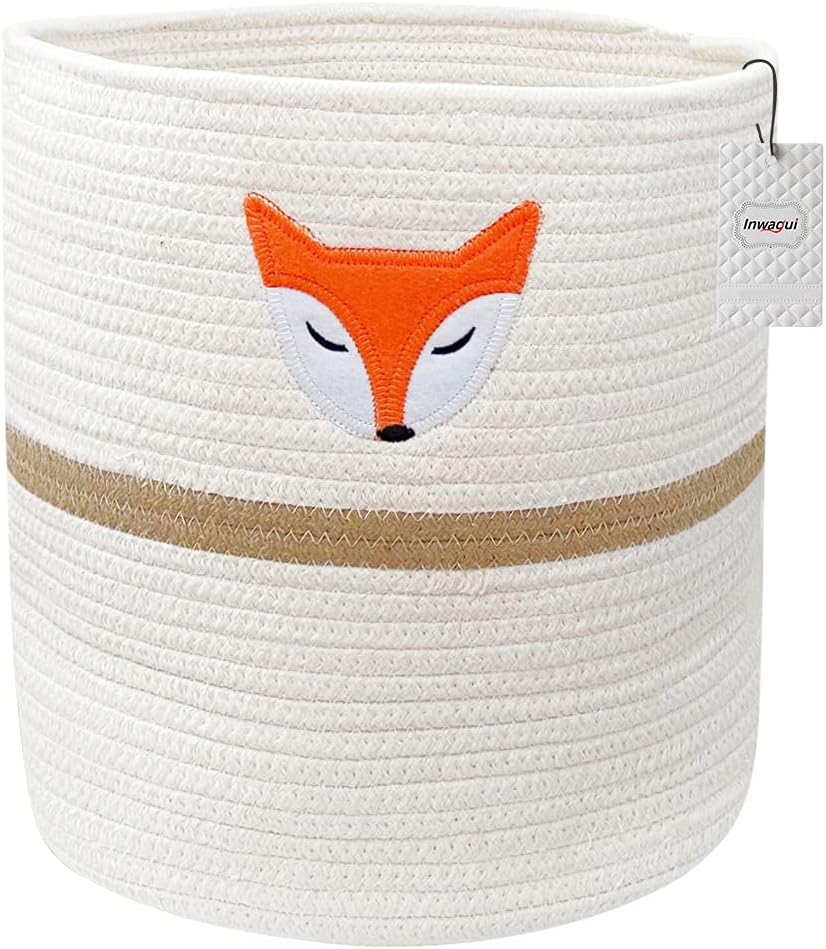 InwaguiCotton Rope Woven Storage Basket Baby Laundry Hamper Nursery Storage Bin Cute Fox Storage Organizer with Handles for Diaper Blanket Toy Towel, White