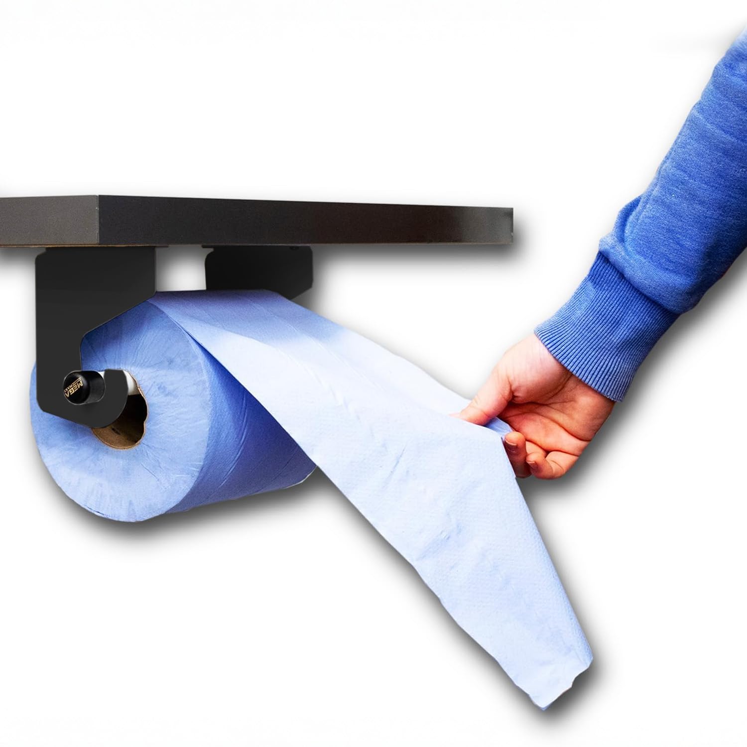 Megamaxx Black Uk Under-Desk & Under-Counter Blue Roll Holder & Dispenser - Powder-Coated Steel Brackets - Under-Mount Paper Roll Holder For Workshops, Kitchens & Workbenches - Uk Made