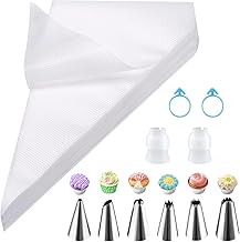 Disposable Piping Bags, Pack of 100, 20 x 30 cm + 6 Piping Nozzles + 2 Cake Nozzles + 2 Piping Bags Tops, Rubber Bands, Perfect for Cakes and Biscuits