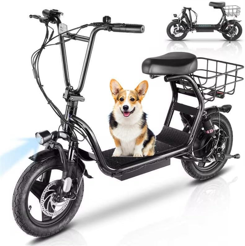 Electric Scooter with Seat, 14" Fat Tire Electric Scooter Adults, 15 Miles Range&20 Mph Power by 560W Peak Motor,Foldable Adult Electric Scooter for Commuting with Basket&Shock Absorbing