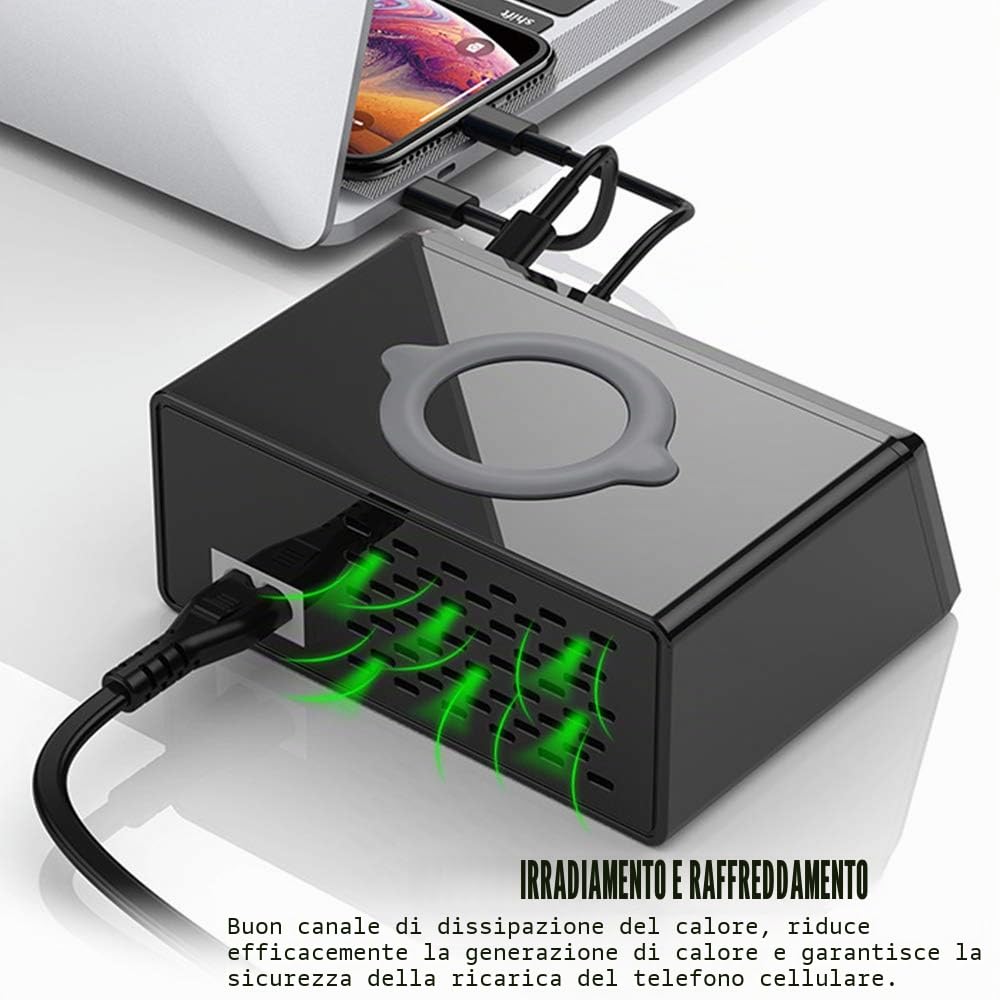 Caricatore Wireless Stazione Ricarica USB Multipla 100W 8 Porte Base di Ricarica LCD Schermo USB Docking Station con Una QC 3.0 e Un 18W PD Caricatore USB per iPhone iPad Samsung Huawei