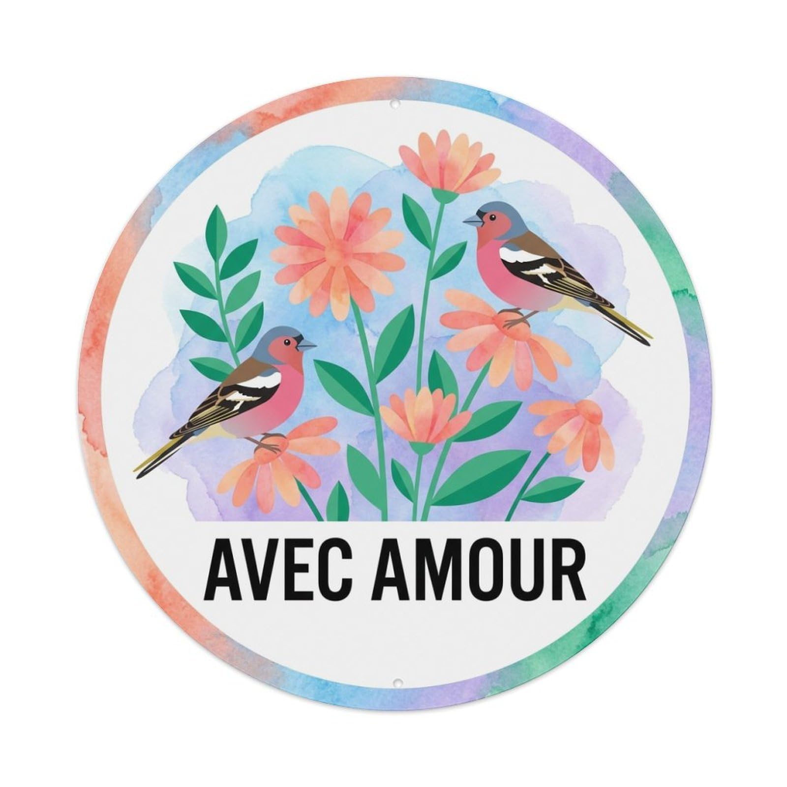 Daisy Bouquet Avec Amour Watercolor Bird Slogan Metal Tin Sign