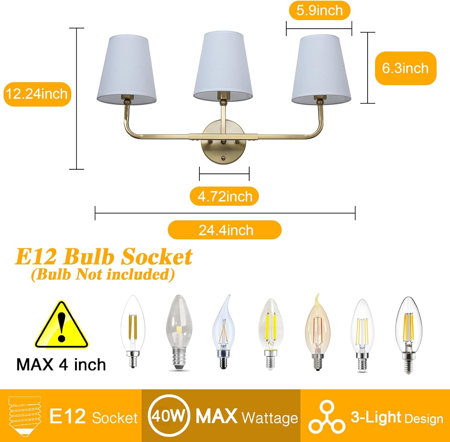 Bathroom Light Fixtures, 3-Light Wall Sconce, Gold Vanity Lights Over Mirror with Flared White Fabric Shade, Modern Sconces Wall Lighting for Bedroom Stairway Hallway (Gold)