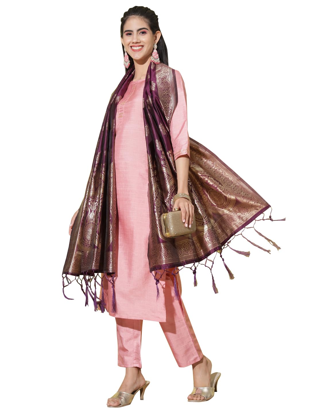 VredeVogel Women's Cotton Silk Blend Straight Kurta Trouser With Dupatta Set