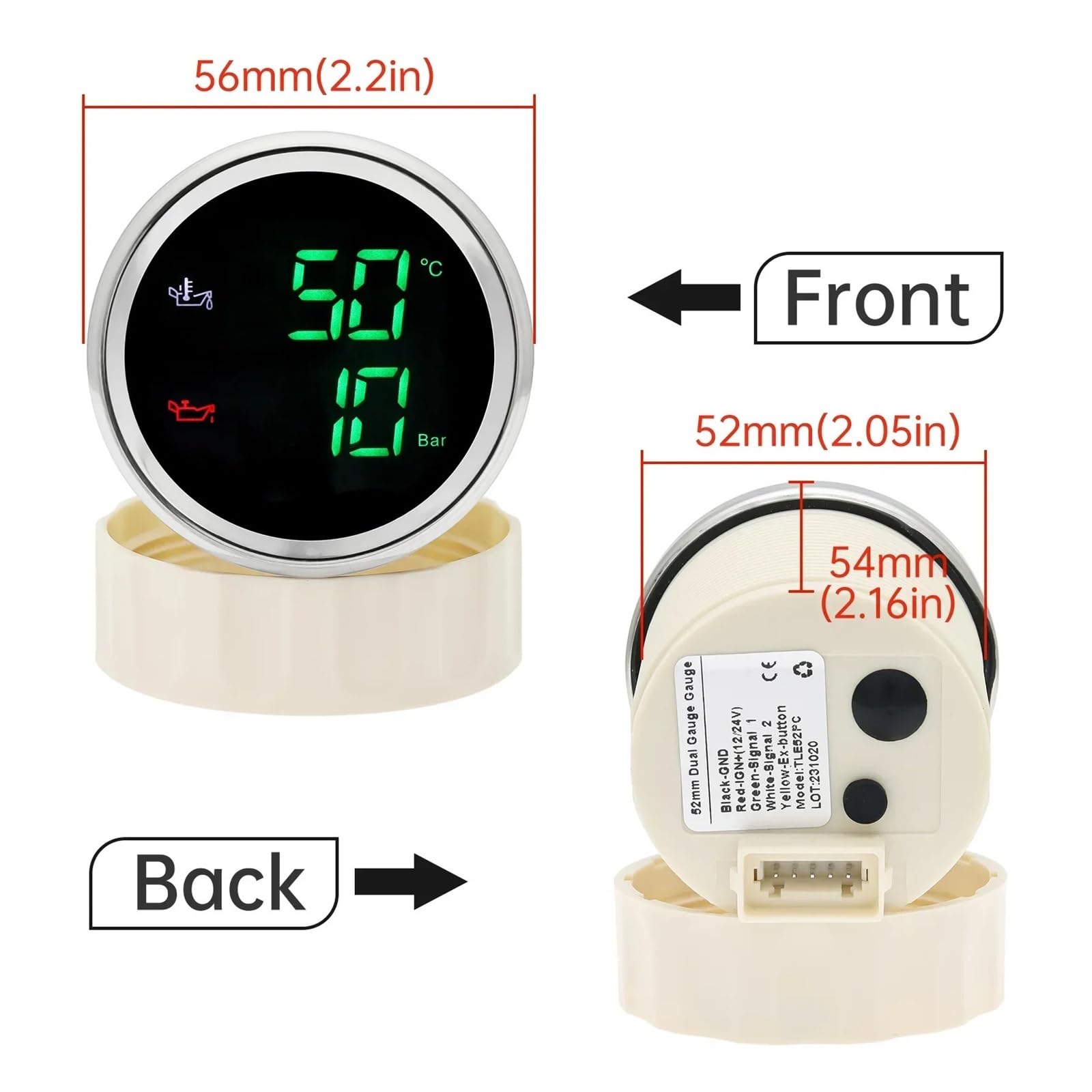 Grüne rote LED Digital 2 IN 1 Öltemperatur + Öldruckmesser 52mm mit Sensor for Auto Boot Klares Lesen(Red LED BN)