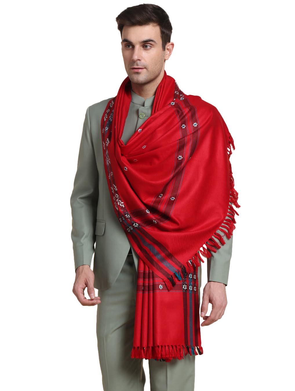 Men's Acro Wool Blended Shawl - Handloom Border Pattern - Stoles for Men - Gents Shawls - Soft & Warm Wrap - Ideal for Winter - Size 100cm x 200cm-image-13