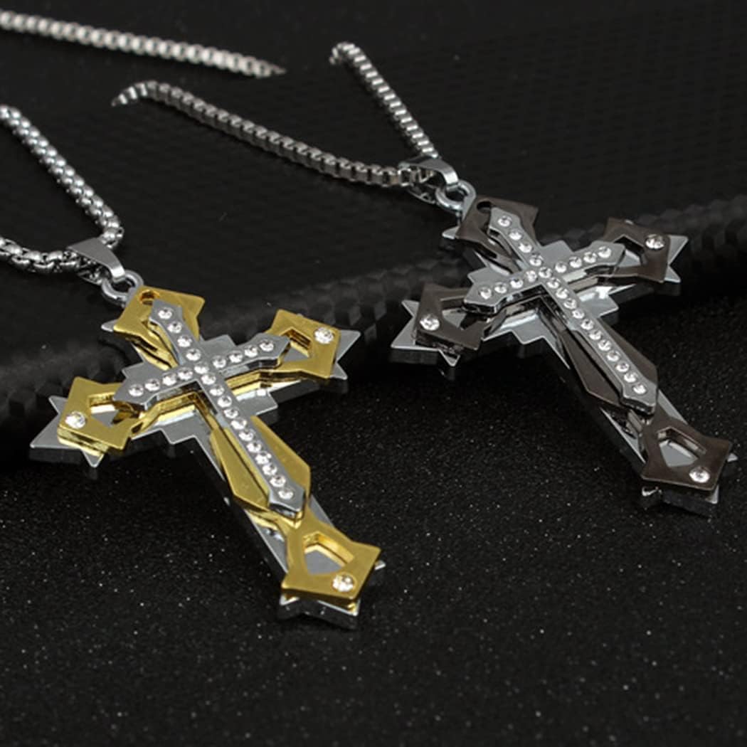 Multi Diamond Stainless Steel Cross Necklace, Large Pendant and Strong Chain For Men Women, Christian Prayer Gift Friendship Jewelry