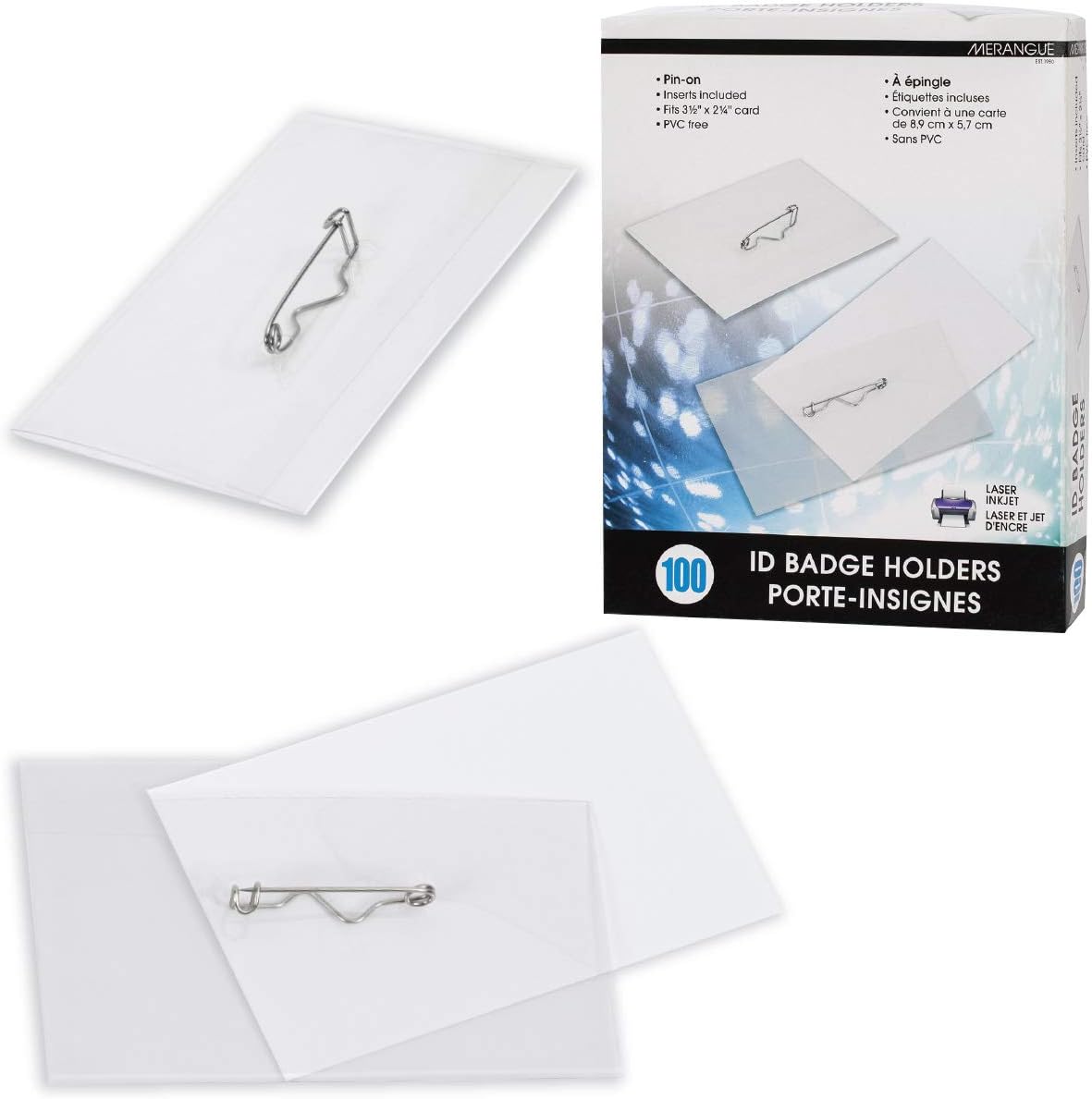 Merangue 100 Pack Plastic Badge ID Name Tag Holder with Pin, Includes