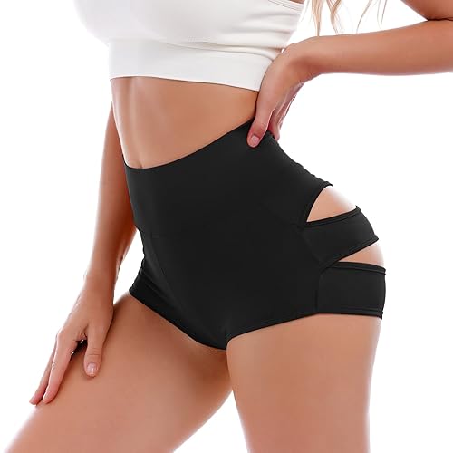 IBAKOM Women Cutout Rave Booty Shorts High Waist Yoga Workout Hot Mini Pants Activewear Dance Bottoms Clubwear - S - Black