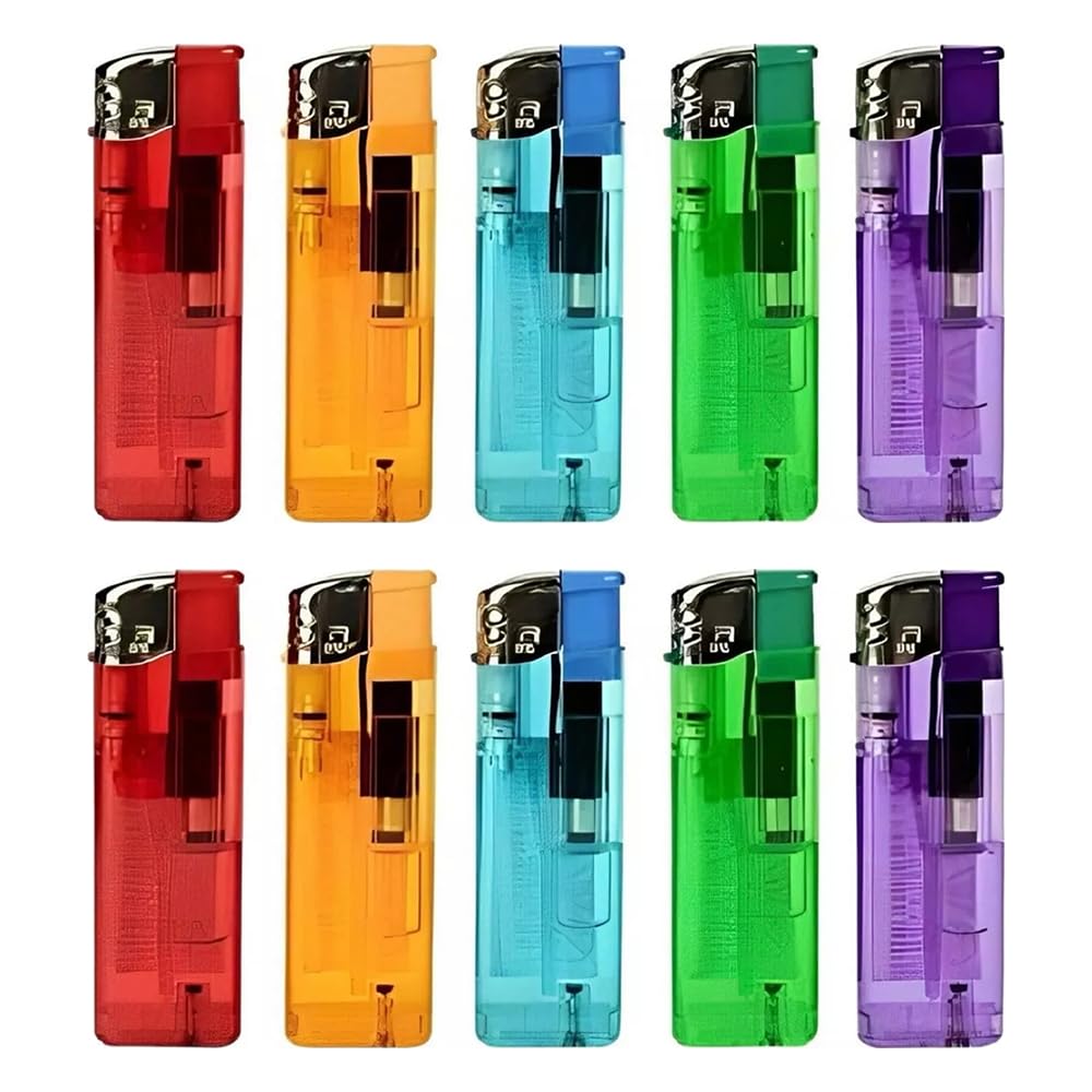 ASPIRE UK 10 Multicolour Electronic Lighter - Refillable & Child Safe with Adjustable Flame, Transparent Design, Long-lasting Performance, Ideal for BBQ, Camping, Kitchen Use