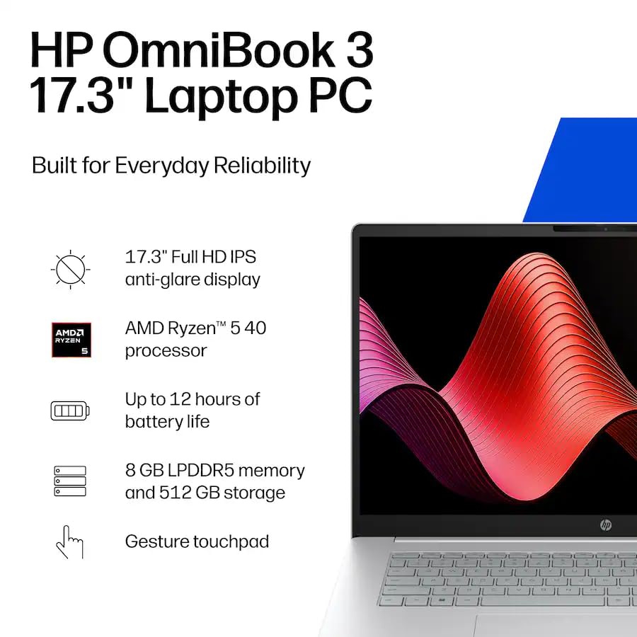 Image of HP OmniBook 3 17.3 inch FHD Business Laptop, AMD Ryzen 5 4000 Series, AMD Radeon 610M Graphics, 8GB RAM, 1TB SSD, FHD Camera, Copilot, Wi-Fi 7, Bluetooth 6.0, Win11 Home