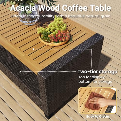 Image of Wisteria Lane 4 Piece Patio Furniture Set, Wicker Outdoor Patio Conversation Furniture Set, All Weather Outdoor Patio Sofa with Cushion and Wood Table, Beige Wood