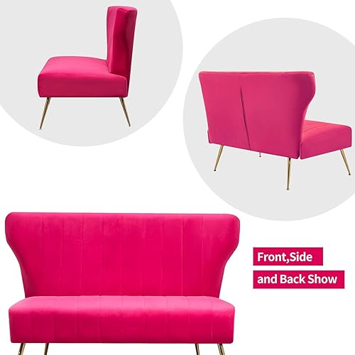 Miniatura 4 de Sofá biplaza moderno de terciopelo de 50 pulgadas, sin brazos, sofá pequeño tapizado con respaldo de alas con patas de metal dorado, sofá capitonado