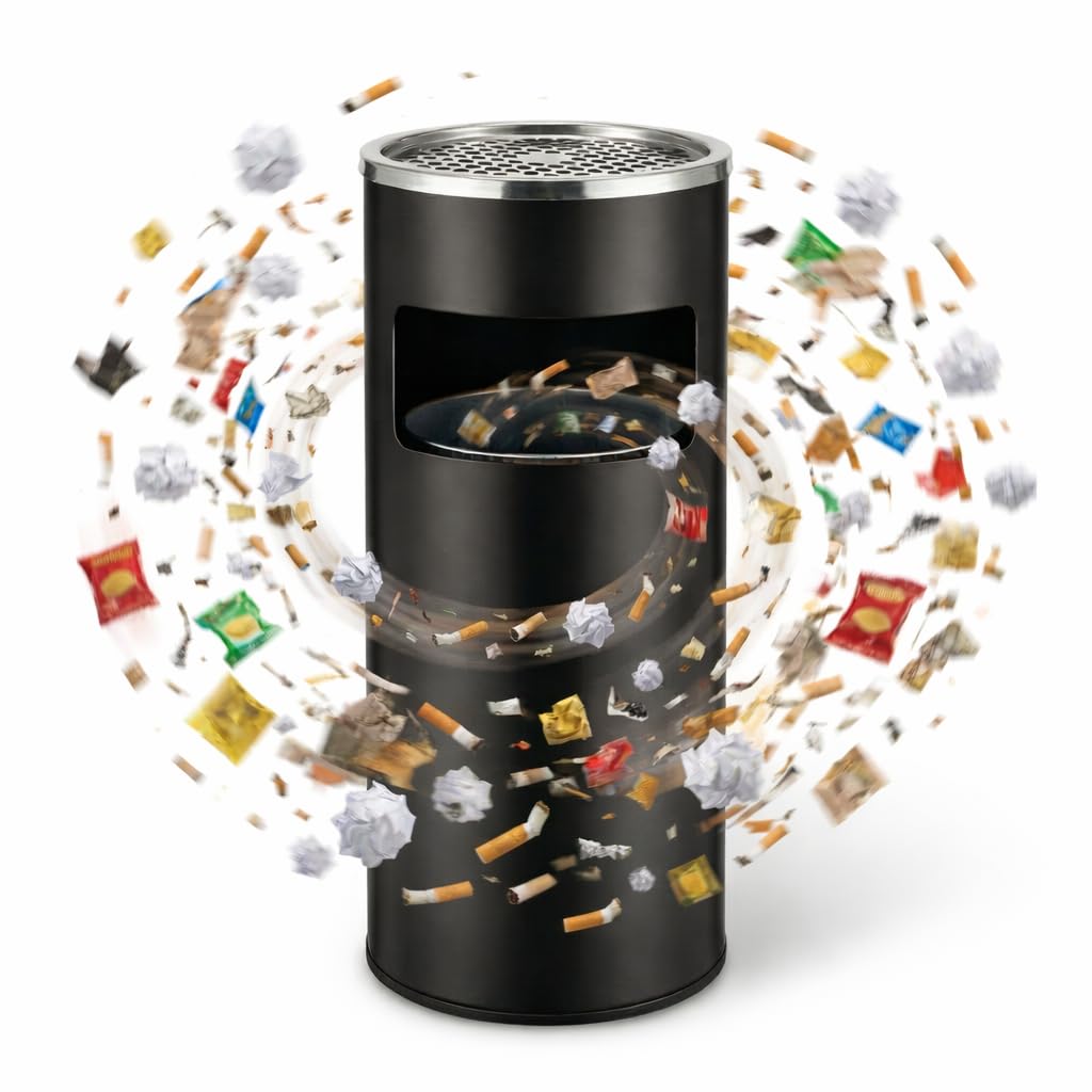 MUVELL Standaschenbecher mit Abfalleimer aus Edelstahl, windgeschützter Aschenbecher, herausnehmbarer Inneneimer mit Ø 24,5 cm, 60,5 cm hoch, Outdoor Mülleimer in schwarz pulverbeschichtet