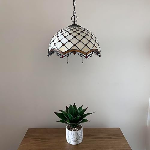 Miniatura 5 de Tiffany - Lámpara colgante con enchufe de cristal beige, bombillas LED incluidas para comedor, sala de estar, 16 pulgadas de ancho x 16 pulgadas de