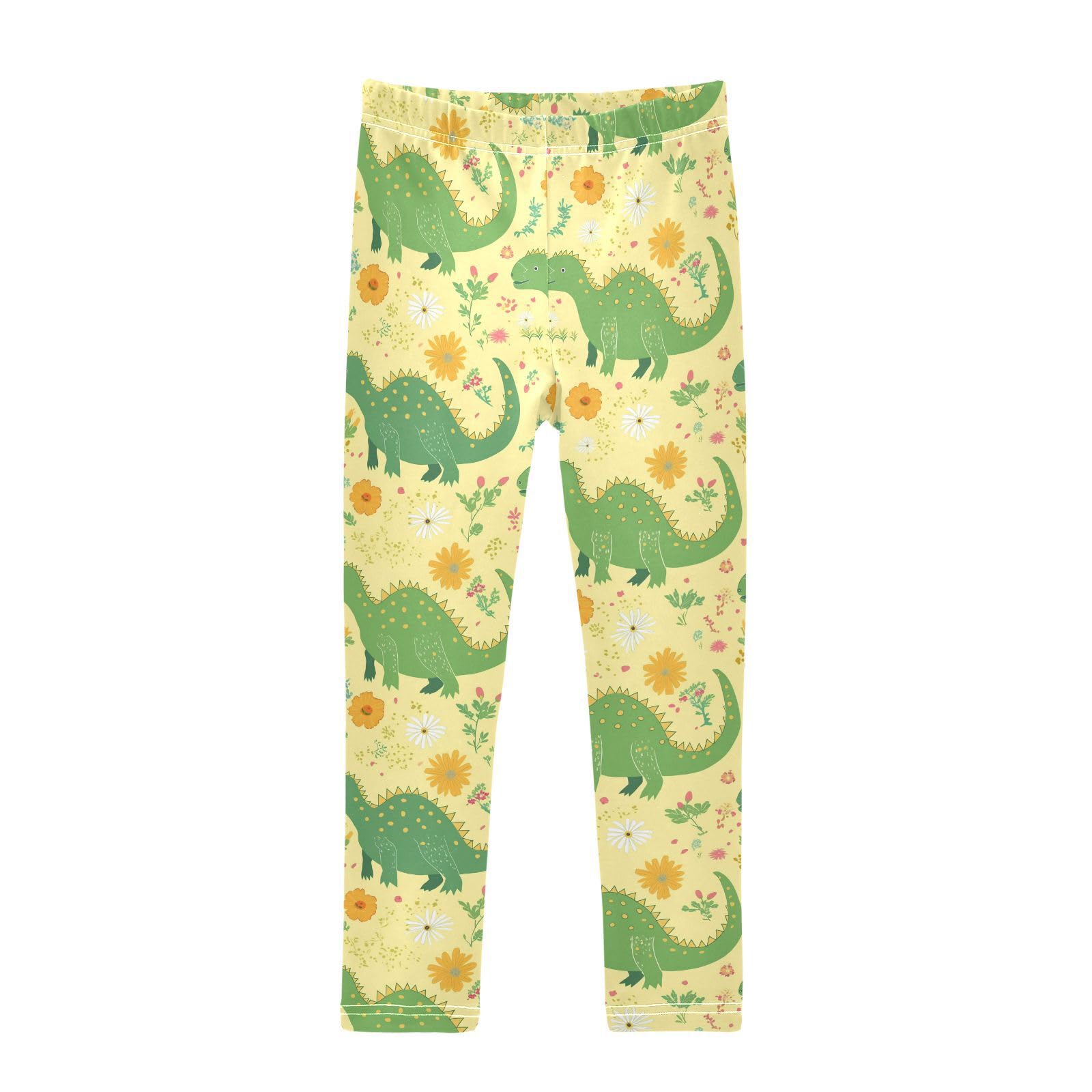 Wusikd Green Dinosaurs Girls' Leggings Toddler Doodles Flowers Kids Yoga Pants Dance Active Tights 5T