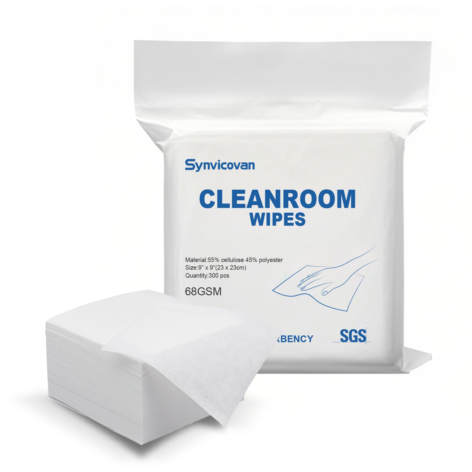 Synvicovan Cleanroom Wipes 9"x9" (300 Pcs, Cellulose/Polyester Blend, Grade A, 68GSM) Lint Free Wipes for Laboratory, Electronics, Pharmaceutical,