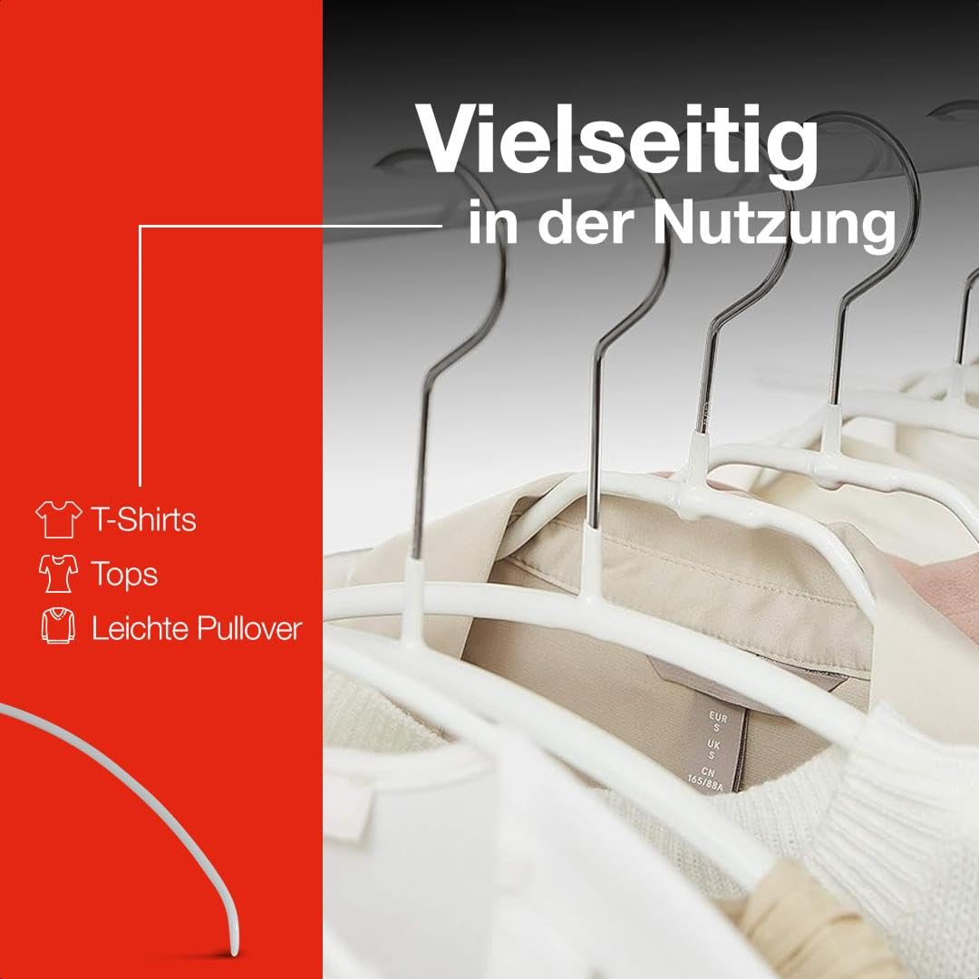 MAWA Kleiderbügel Light, Set mit 20 platzsparenden und rutschfesten Bügeln, ideal für T-Shirts, Tops und leichte Pullover, mit 360° drehbarem Haken und Antirutschbeschichtung, 40 cm, Weiß