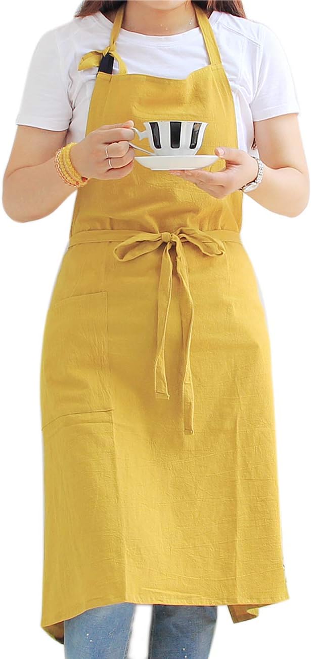 Kitchen Cooking Apron for Women & Men - Extra Long Waist Ties, Adjustable Neck Strap, Japanese Style, Cool Cotton Fabric for Ladies Baking (Plain Yellow)